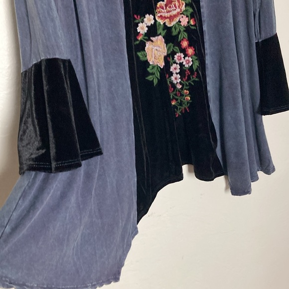 Embroidered Velvet & Stretch Cotton Scoop Neck Long Sleeve Extra Long Top M/L - Picture 9 of 11